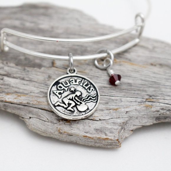 January Aquarius Adjustable Charm Bangle - Handmade Zodiac Bracelet - Picture 1 of 12